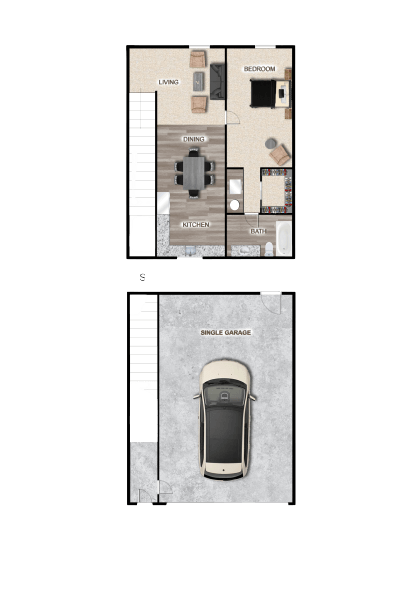 Floor plan for 1 bed, 1 bath, 628 sqft